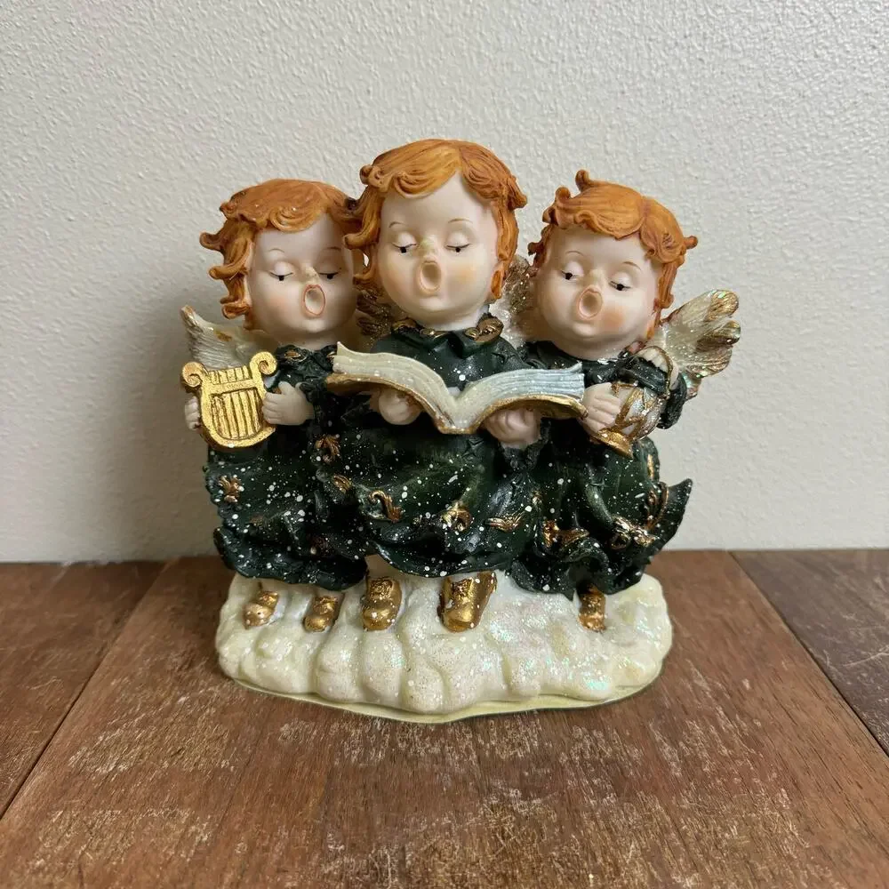 Vintage Resin Angel Trio Christmas Holiday Decor Music Box‎ velvet bottom